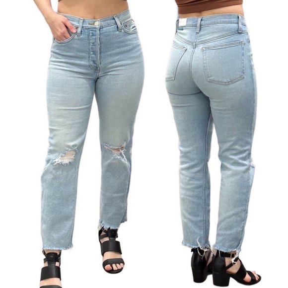 Re/Done 70s High-Rise Stove Pipe Jeans in Seawater Destroyed Light Wash Denim - Picture 1 of 16